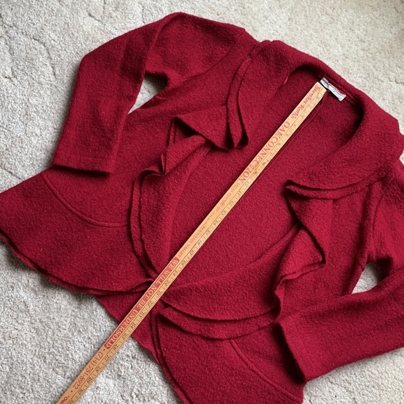 Red Wool Ruffle Open Front Unlined Coat, Size Large - Picture 3 of 6